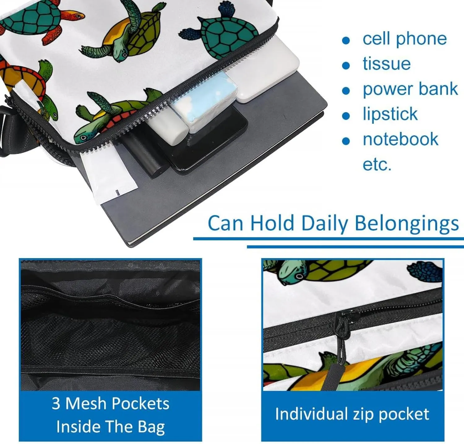 Crossbody Belt Bag for Women Men, Colorful Turtle Fanny Packs with Zipper Pockets,Waterproof Waist Packs with Adjustable Strap for Workout Running Traveling Hiking