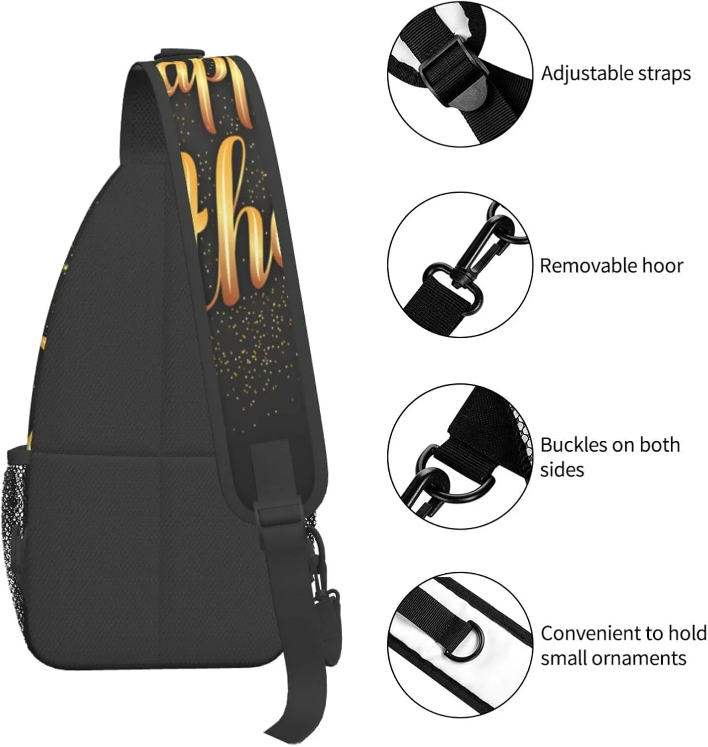 Crossbody Sling Bag for Men Women, Happy Birthday Golden Sling Backpack Shoulder Chest Bag, Anti Theft Travel Hiking Daypacks