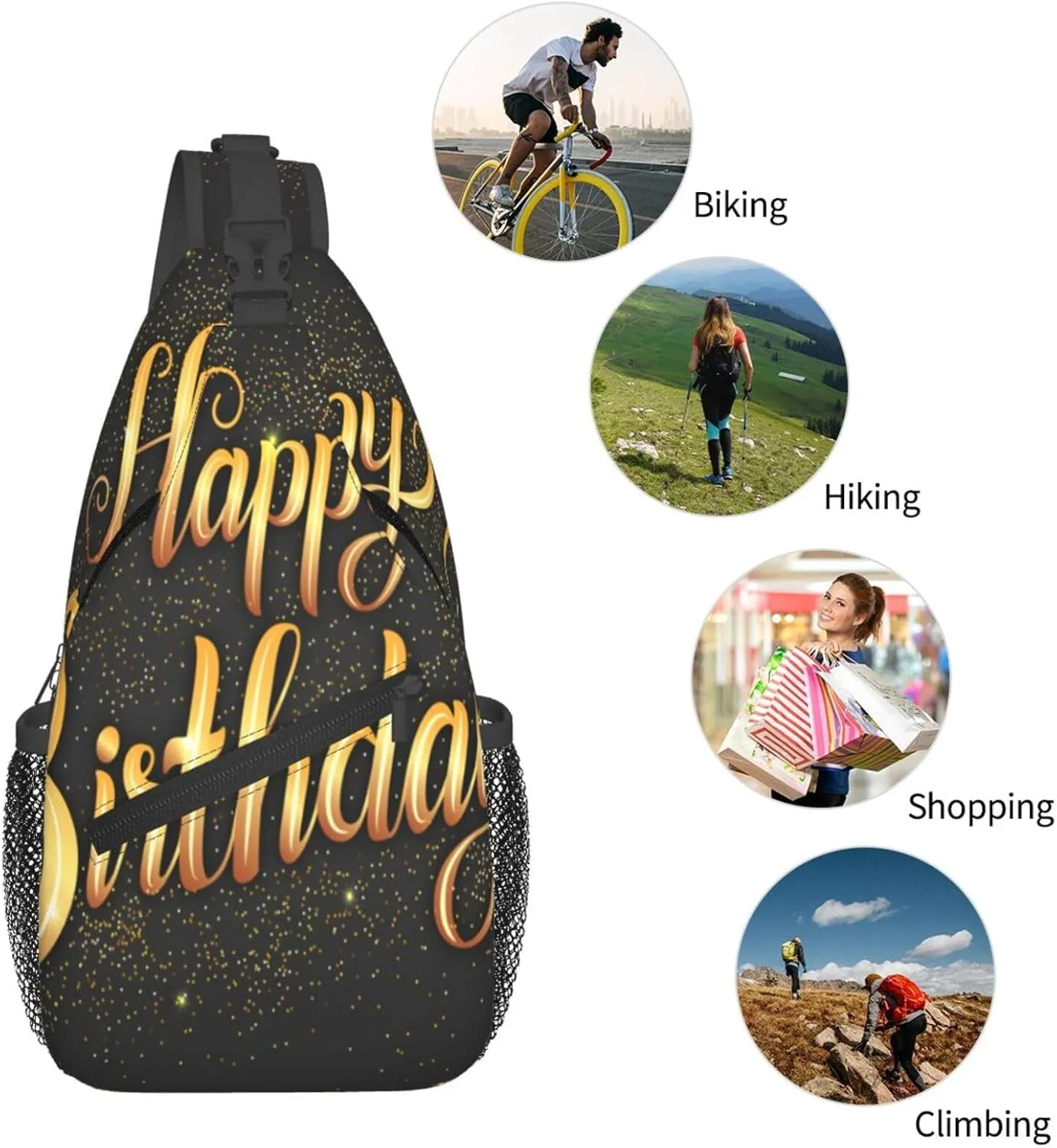 Crossbody Sling Bag for Men Women, Happy Birthday Golden Sling Backpack Shoulder Chest Bag, Anti Theft Travel Hiking Daypacks
