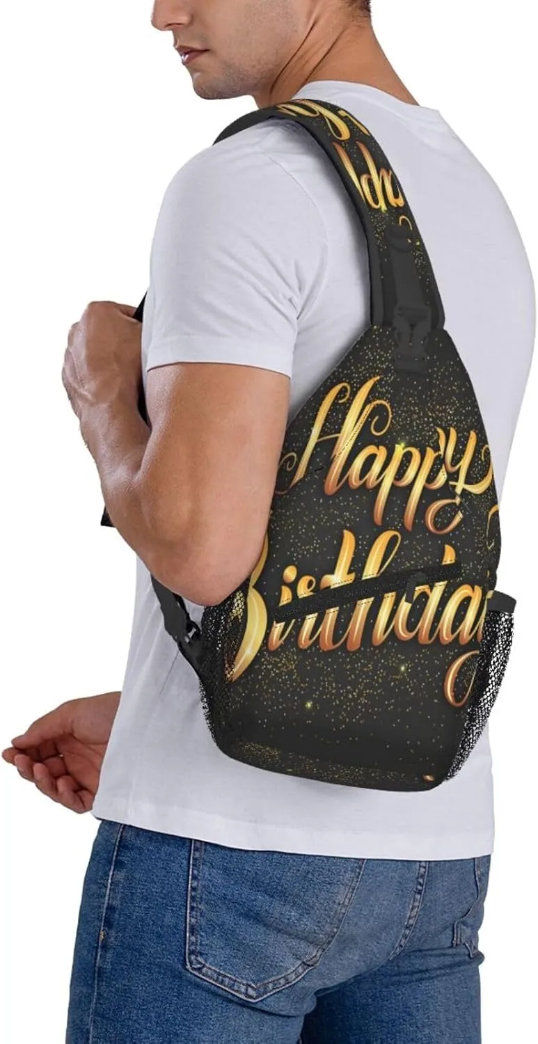 Crossbody Sling Bag for Men Women, Happy Birthday Golden Sling Backpack Shoulder Chest Bag, Anti Theft Travel Hiking Daypacks