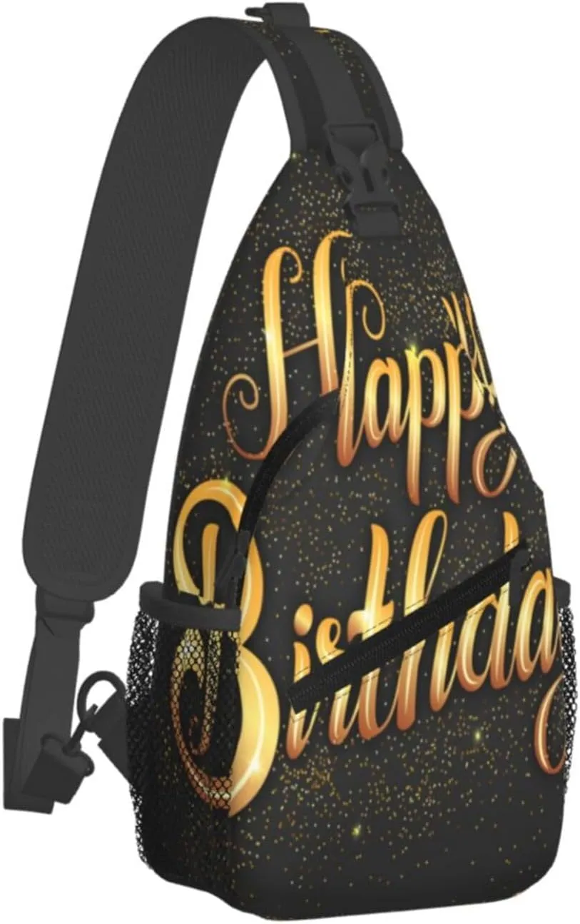 Crossbody Sling Bag for Men Women, Happy Birthday Golden Sling Backpack Shoulder Chest Bag, Anti Theft Travel Hiking Daypacks