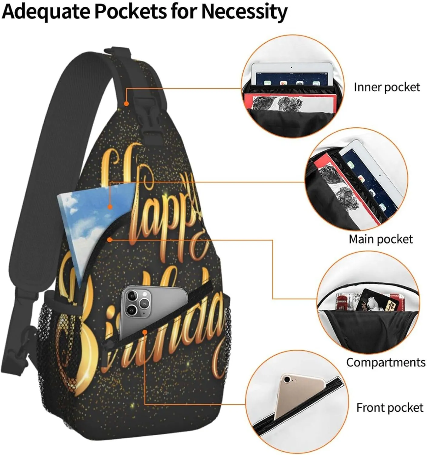 Crossbody Sling Bag for Men Women, Happy Birthday Golden Sling Backpack Shoulder Chest Bag, Anti Theft Travel Hiking Daypacks