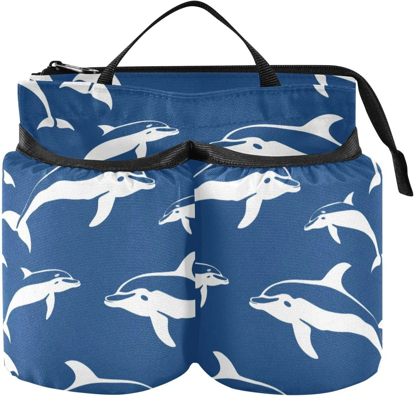 Cup Holder Travel Multifunctional Dolphin Silhouettes Blue and White Drink Carrier Luggage Hold Two Coffee Mugs for Flight Attendants Businessmen vaso plegable para