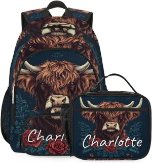 Custom Cute Highland Cow Backpack and Lunch Box Set Personalized Backpack with Name, Customized Farmhouse Rustic Cow Lightweight Waterproof Travel Casual Daypacks