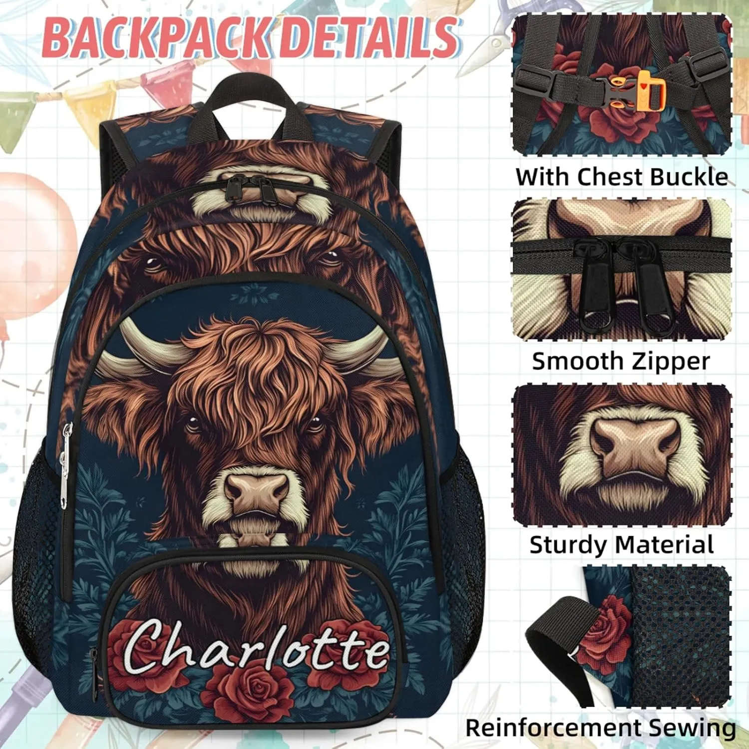 Custom Cute Highland Cow Backpack and Lunch Box Set Personalized Backpack with Name, Customized Farmhouse Rustic Cow Lightweight Waterproof Travel Casual Daypacks