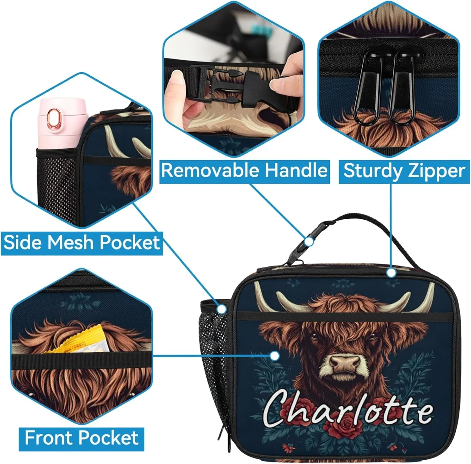 Custom Cute Highland Cow Backpack and Lunch Box Set Personalized Backpack with Name, Customized Farmhouse Rustic Cow Lightweight Waterproof Travel Casual Daypacks
