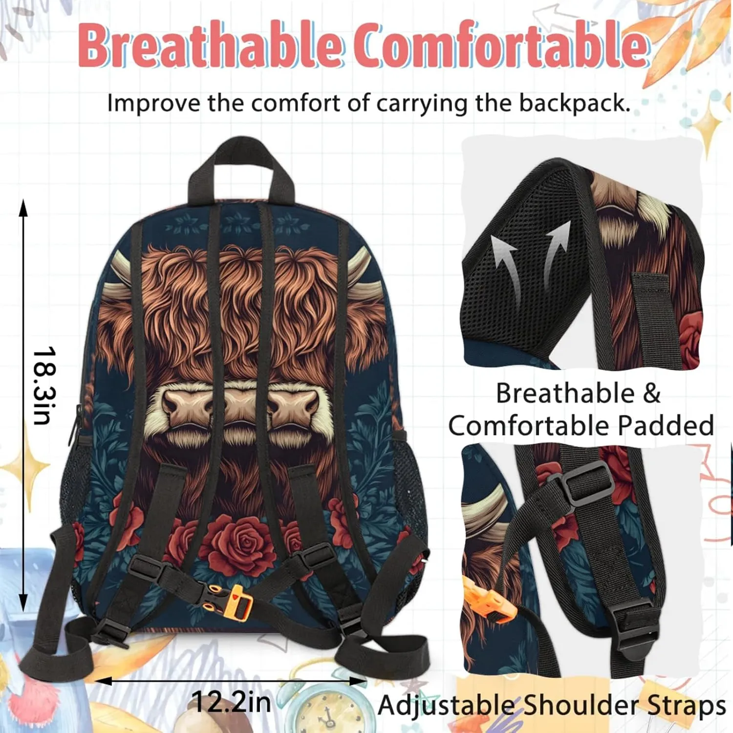 Custom Cute Highland Cow Backpack and Lunch Box Set Personalized Backpack with Name, Customized Farmhouse Rustic Cow Lightweight Waterproof Travel Casual Daypacks