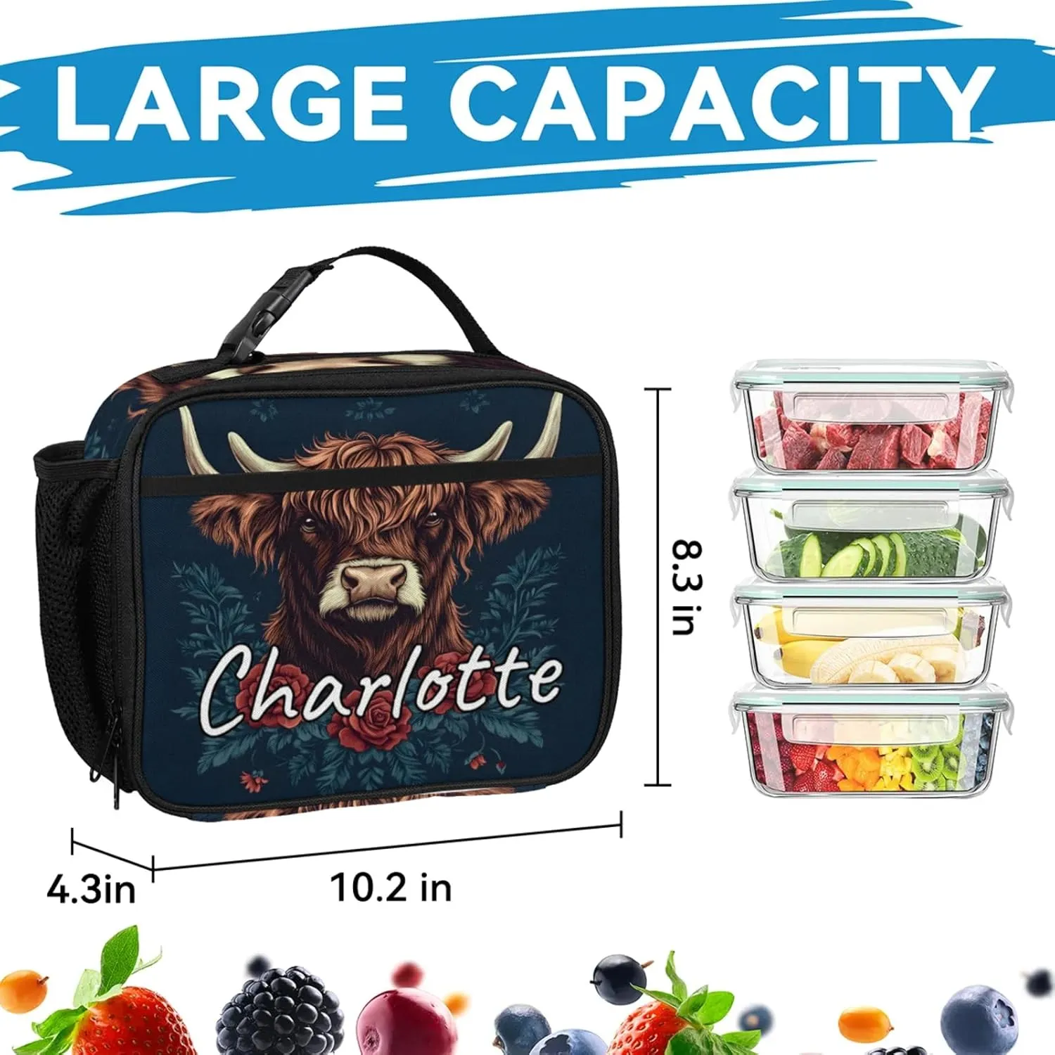 Custom Cute Highland Cow Backpack and Lunch Box Set Personalized Backpack with Name, Customized Farmhouse Rustic Cow Lightweight Waterproof Travel Casual Daypacks