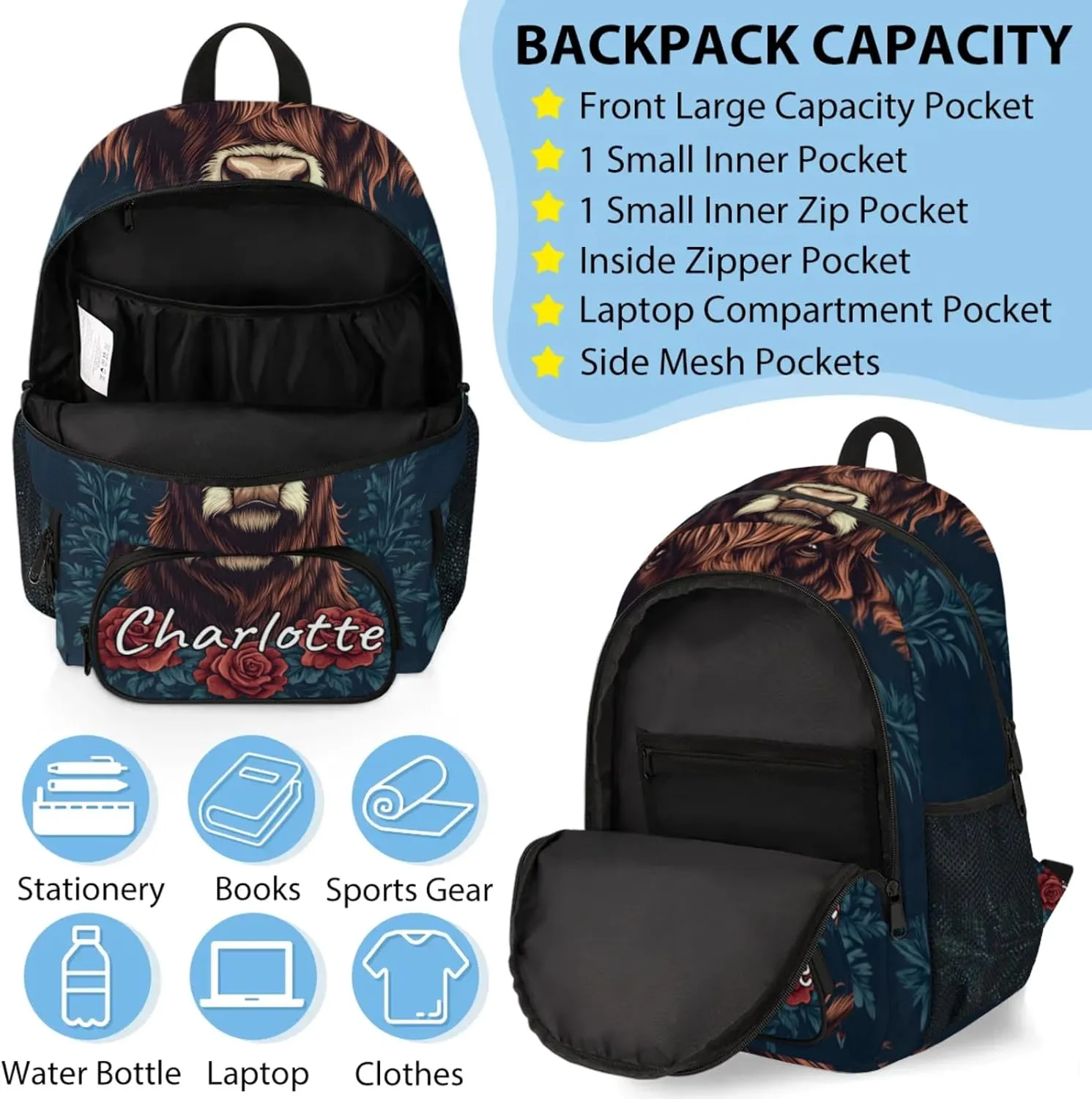 Custom Cute Highland Cow Backpack and Lunch Box Set Personalized Backpack with Name, Customized Farmhouse Rustic Cow Lightweight Waterproof Travel Casual Daypacks