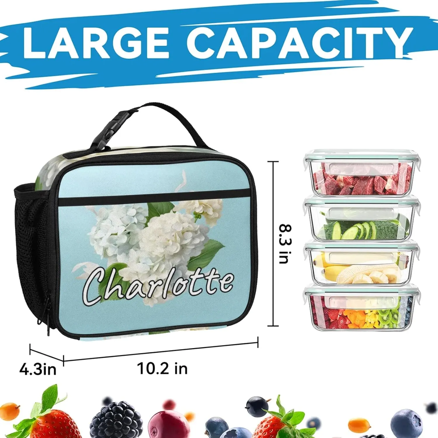 Custom Hydrangea Flower Backpack and Lunch Box Set Personalized Backpack with Name, Customized Spring Plant Lightweight Waterproof Travel Casual Daypacks