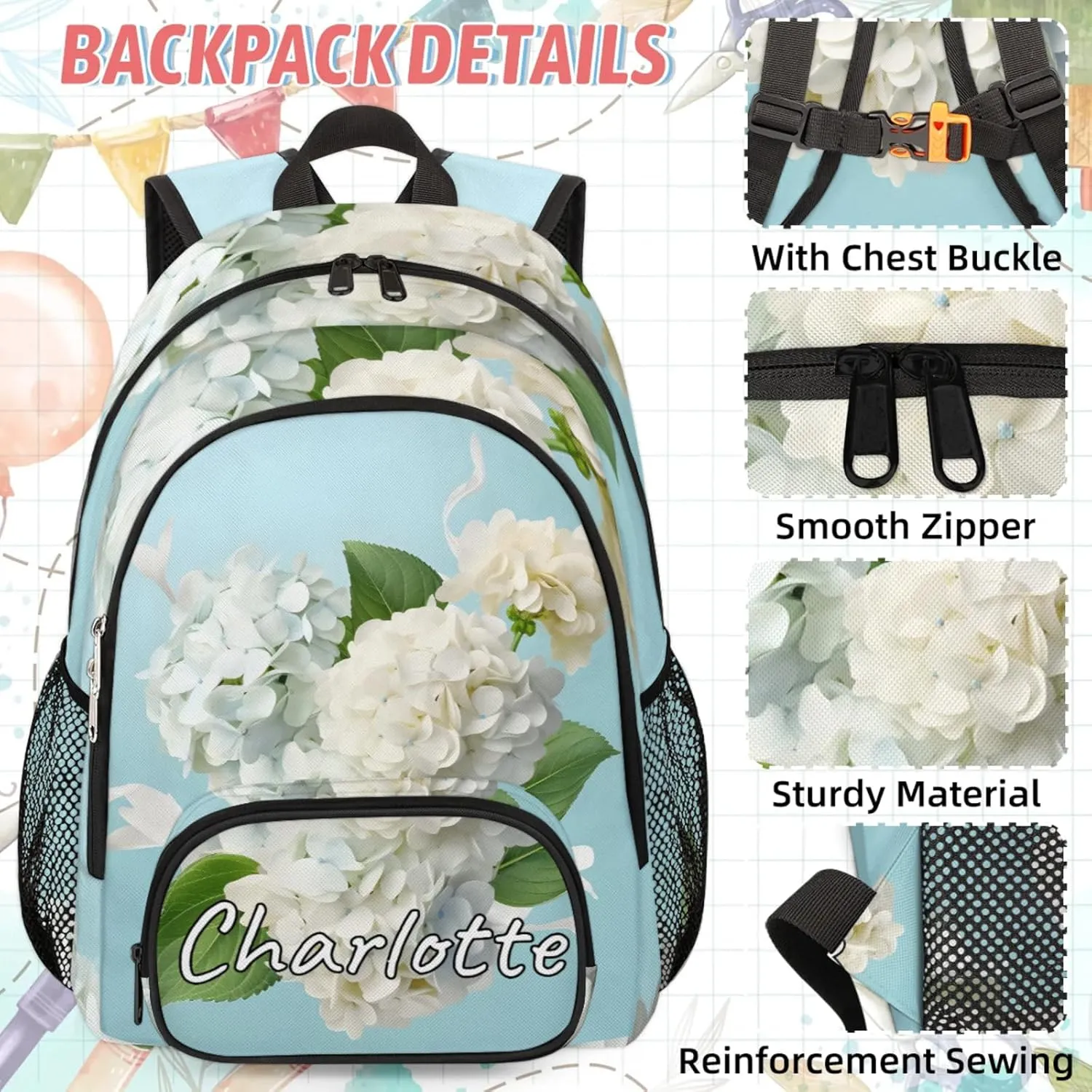 Custom Hydrangea Flower Backpack and Lunch Box Set Personalized Backpack with Name, Customized Spring Plant Lightweight Waterproof Travel Casual Daypacks
