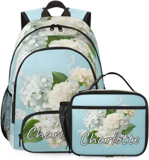 Custom Hydrangea Flower Backpack and Lunch Box Set Personalized Backpack with Name, Customized Spring Plant Lightweight Waterproof Travel Casual Daypacks