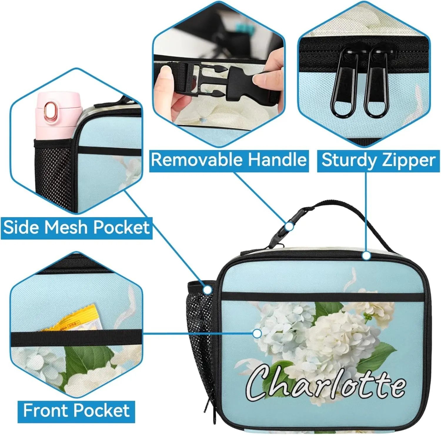 Custom Hydrangea Flower Backpack and Lunch Box Set Personalized Backpack with Name, Customized Spring Plant Lightweight Waterproof Travel Casual Daypacks