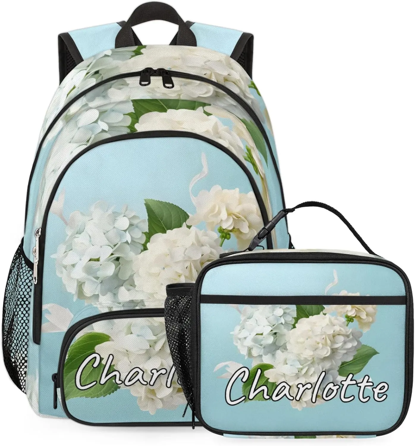 Custom Hydrangea Flower Backpack and Lunch Box Set Personalized Backpack with Name, Customized Spring Plant Lightweight Waterproof Travel Casual Daypacks