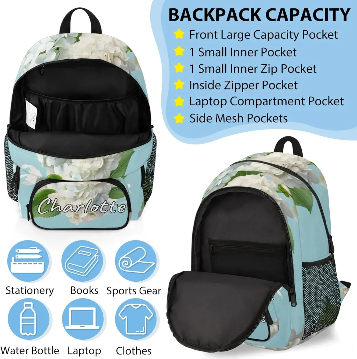 Custom Hydrangea Flower Backpack and Lunch Box Set Personalized Backpack with Name, Customized Spring Plant Lightweight Waterproof Travel Casual Daypacks