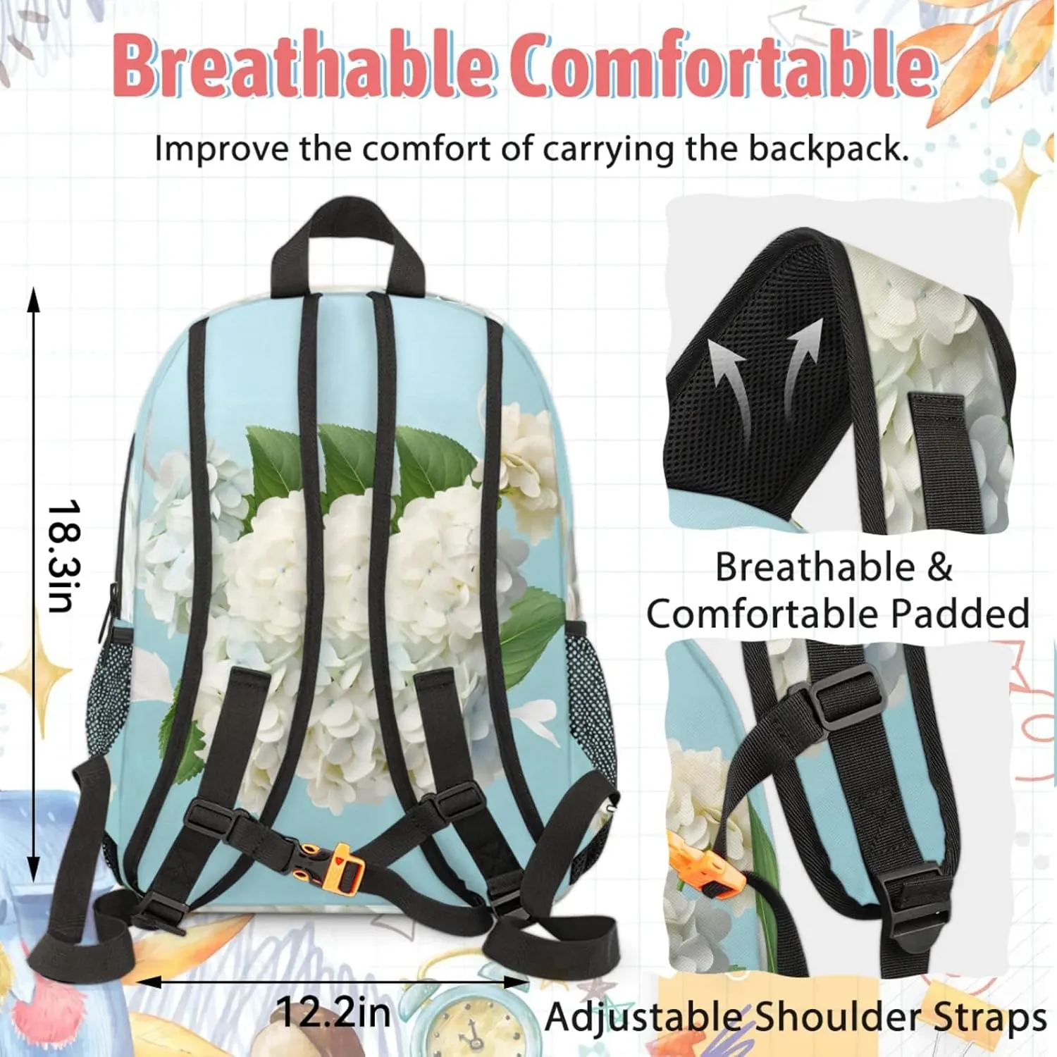 Custom Hydrangea Flower Backpack and Lunch Box Set Personalized Backpack with Name, Customized Spring Plant Lightweight Waterproof Travel Casual Daypacks