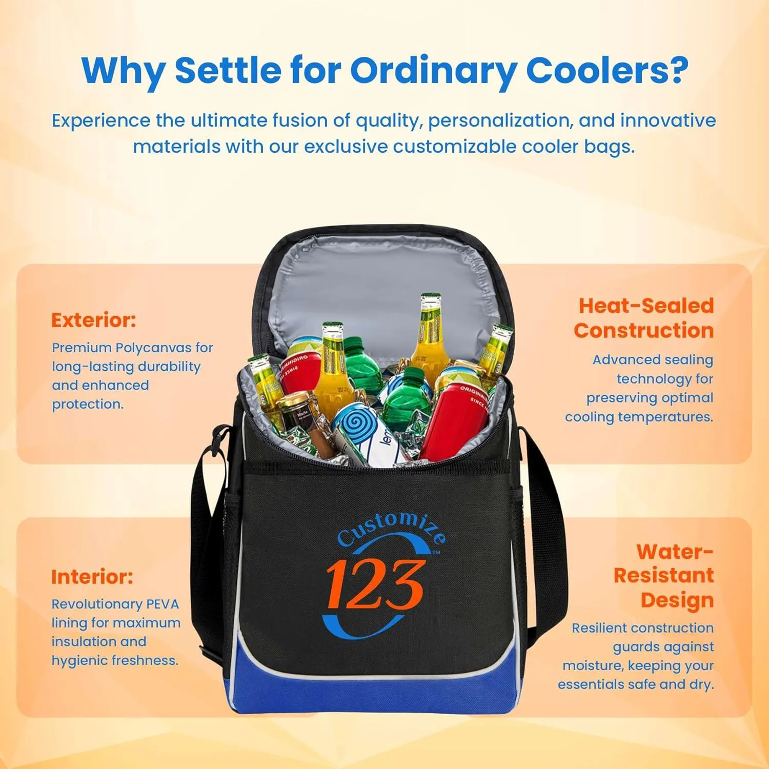 Custom Soft Cooler Bag - Personalize Your Insulated Bag | for Corporate Events or Gifts - Leak Proof Customizable Portable Cooler Bag Holds 30 Beer Cans - 13 x 11 x 7.25 - Customize 123