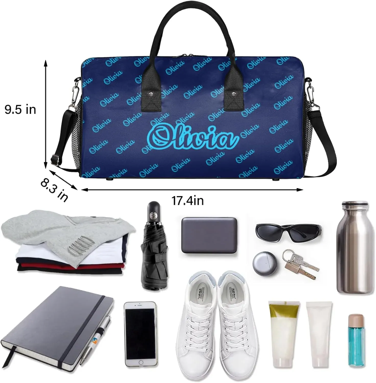 Custom Sport Duffel Bags Personalized Travel Overnight Bag Waterproof Customized Dance Bag Lightweight Carry-On Tote for Women Men 17.4in, Dark Blue