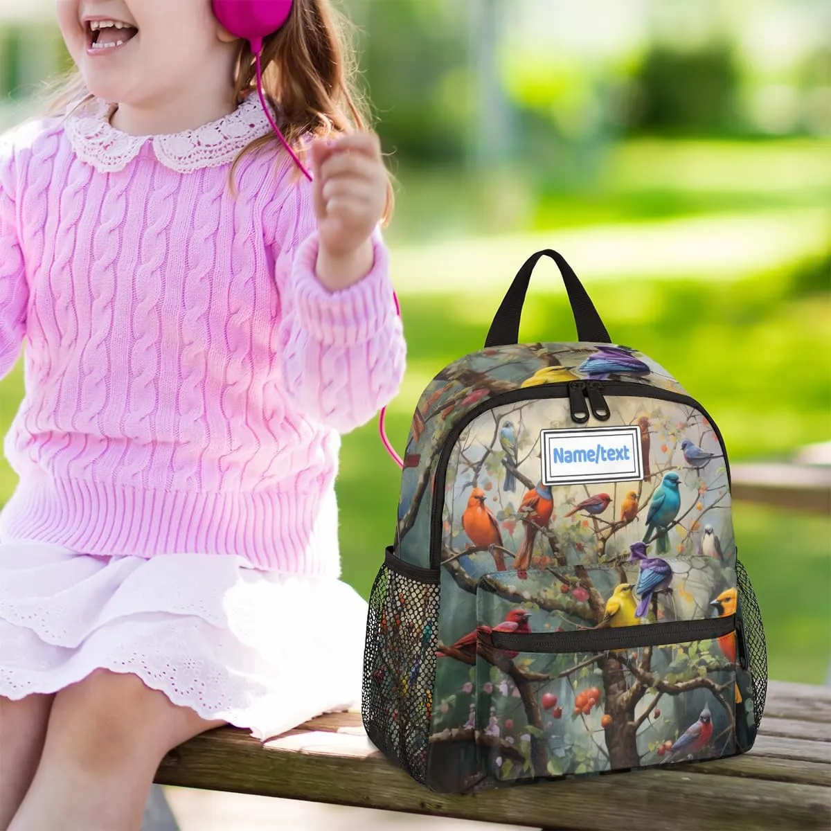 Custom Toddler Backpack for Boy Girl Personalized Kids Backpack with Name, Colorful Birds Tree Branch Preschool Bag with Chest Strap, Nursery Rucksack for Kindergarten Children Kids Gift