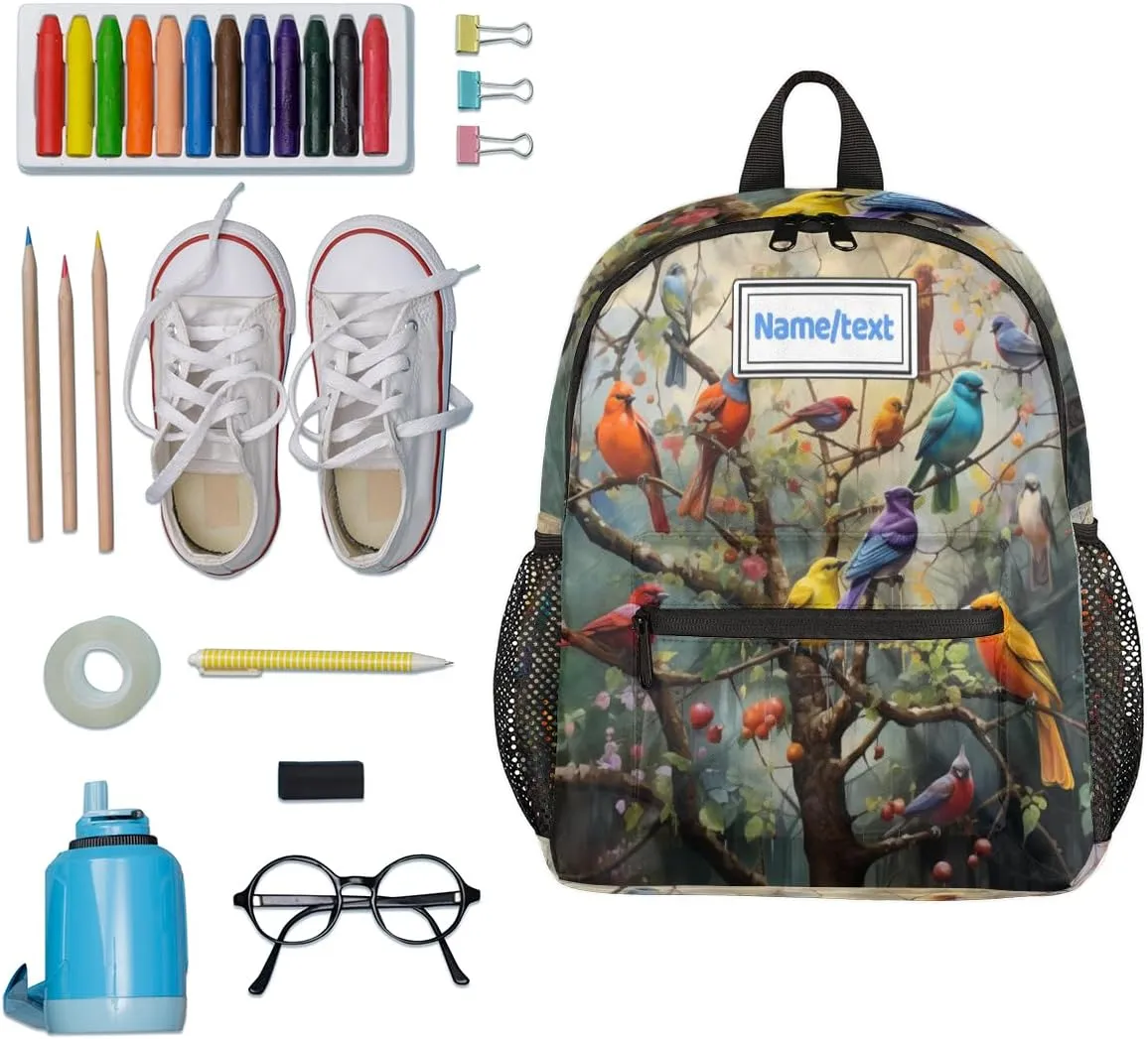 Custom Toddler Backpack for Boy Girl Personalized Kids Backpack with Name, Colorful Birds Tree Branch Preschool Bag with Chest Strap, Nursery Rucksack for Kindergarten Children Kids Gift