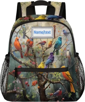 Custom Toddler Backpack for Boy Girl Personalized Kids Backpack with Name, Colorful Birds Tree Branch Preschool Bag with Chest Strap, Nursery Rucksack for Kindergarten Children Kids Gift