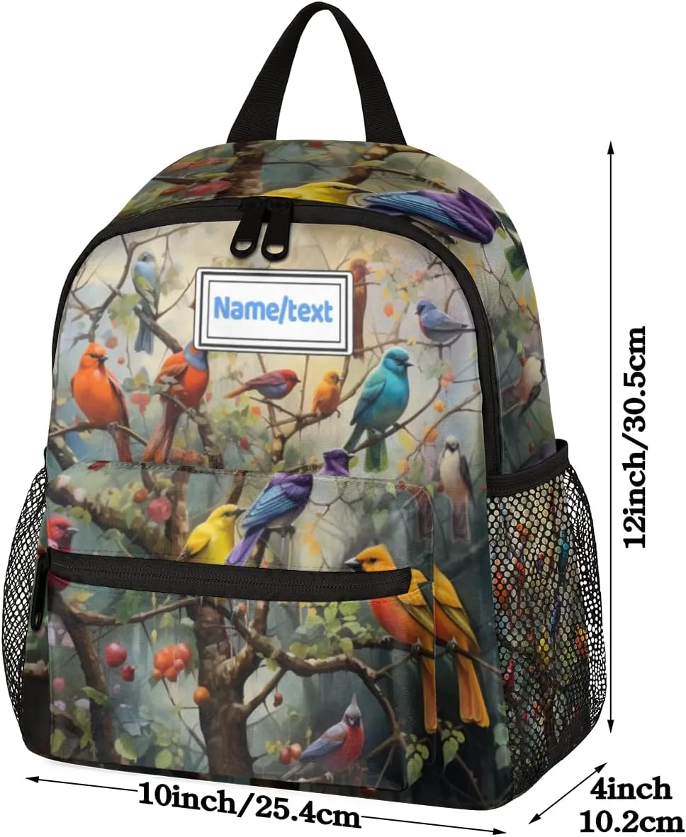 Custom Toddler Backpack for Boy Girl Personalized Kids Backpack with Name, Colorful Birds Tree Branch Preschool Bag with Chest Strap, Nursery Rucksack for Kindergarten Children Kids Gift