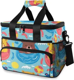 Cute Bear Beach Cooler Bag Insulated Cooler Soft Sided Cooler 24 Can Portable Picnic Bag Large Leakproof Lunch Bag Box for Beach Grocery Camping Travel Car Men Women