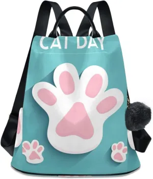 Cute Cat Day Paw Print Backpack Purse for Women Fashion Rucksack Anti Theft Handbag Travel Bag