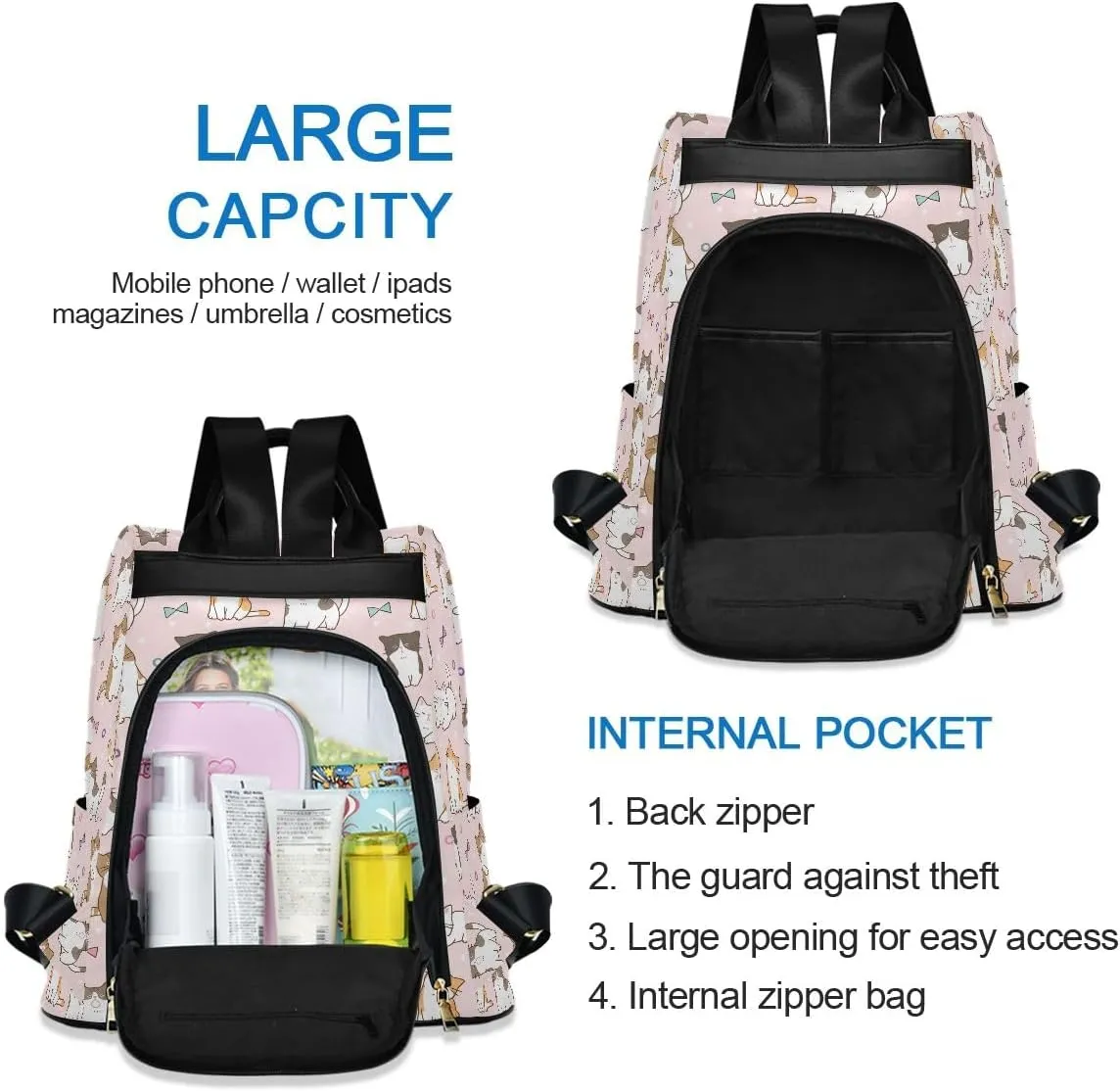 Cute Cat Design Fashion Backpack Purse for Women Back Zipper Pocket Design
