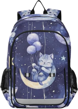 Cute Cat Moon Star Backpack for Boys Girls Elementary School Bag Kids Bookbag Travel Rucksack With Reflective Stripes
