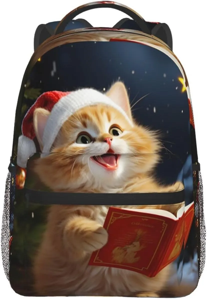 Cute Cat Sing Christmas Carols Backpack Lightweight Laptop Backpack Travel Rucksack for Men Women Canvas Daypack