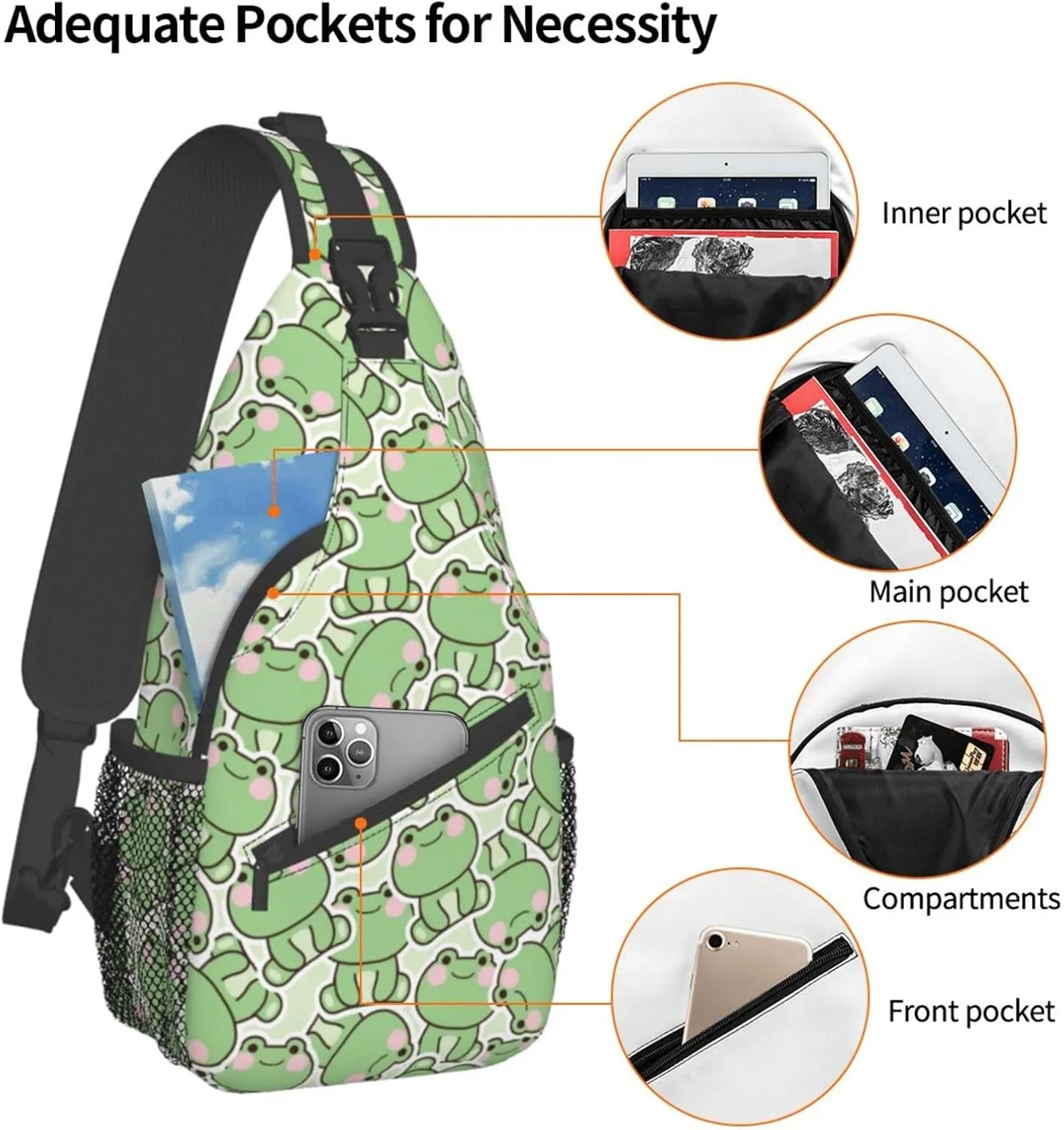 Cute Frog Sling Backpack Multipurpose Chest Bag Hiking Travel Daypack Crossbody Shoulder Bag Outdoor Unisex