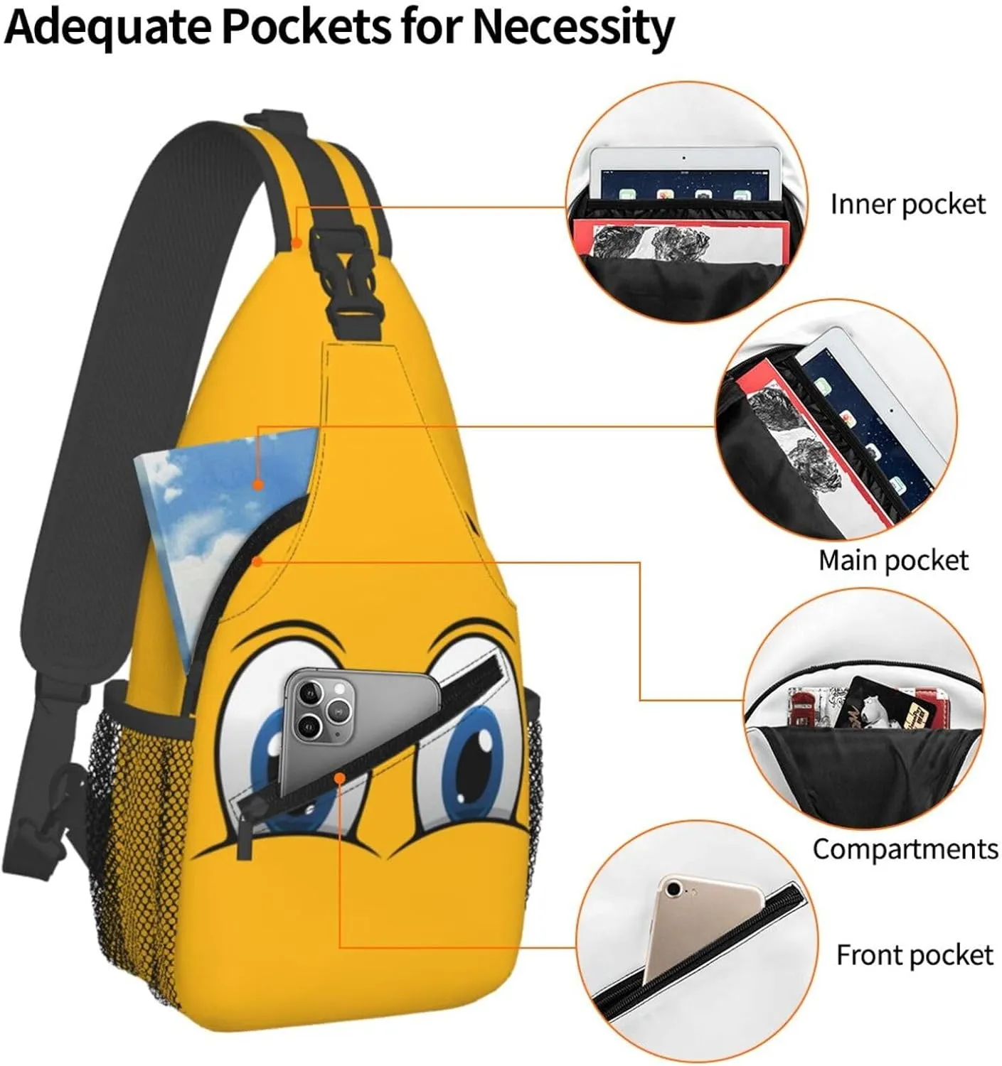 Cute Funny Cartoon Sketch Eyes Crossbody Bag Cross Chest Bag Adjustable Sling Backpack Sports Gym Shoulder Bags Travel Cycling Daypack Diagonally Casual Rucksack