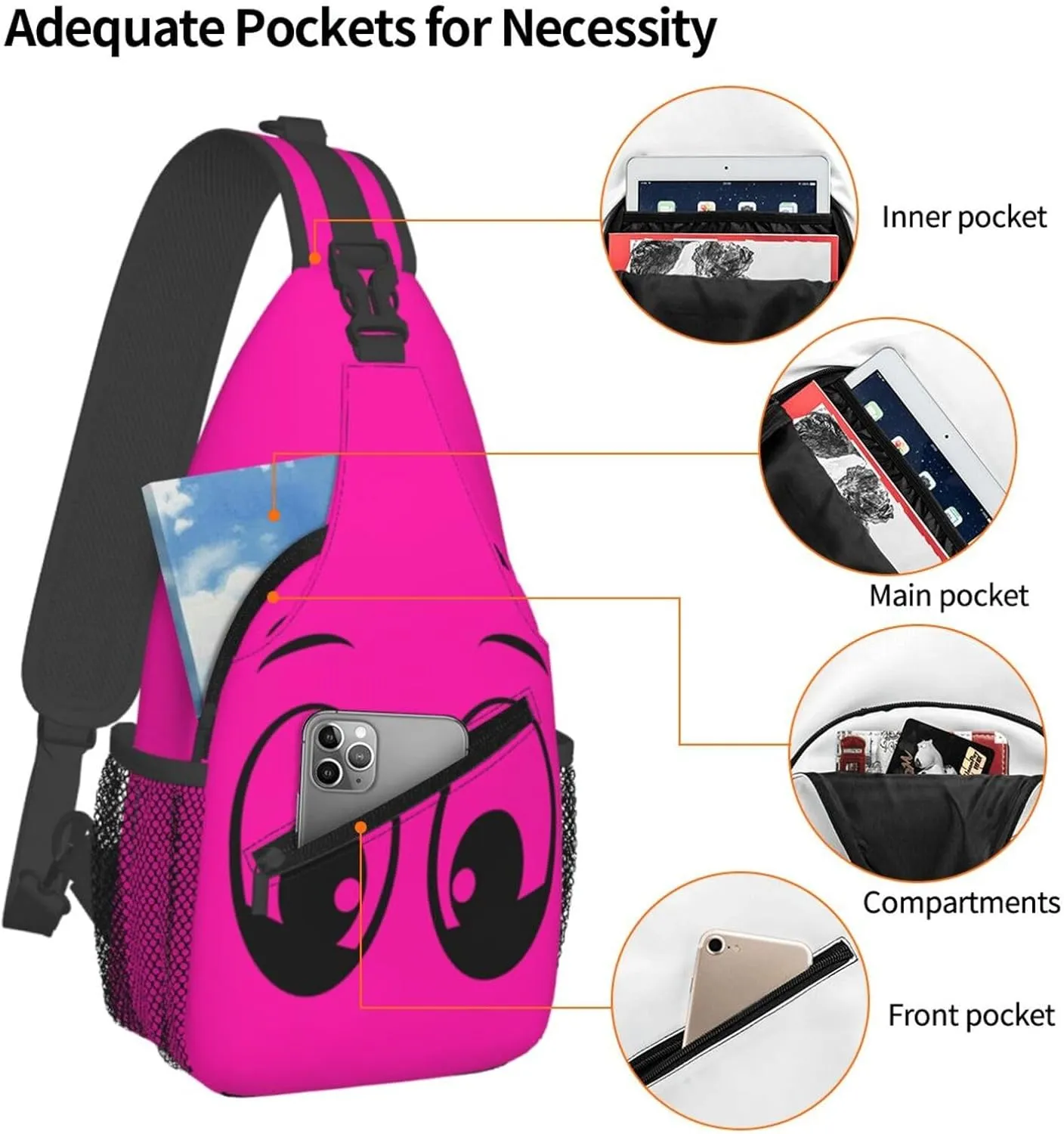 Cute Funny Cartoon Sketch Eyes Crossbody Bag Cross Chest Bag Adjustable Sling Backpack Sports Gym Shoulder Bags Travel Cycling Daypack Diagonally Casual Rucksack