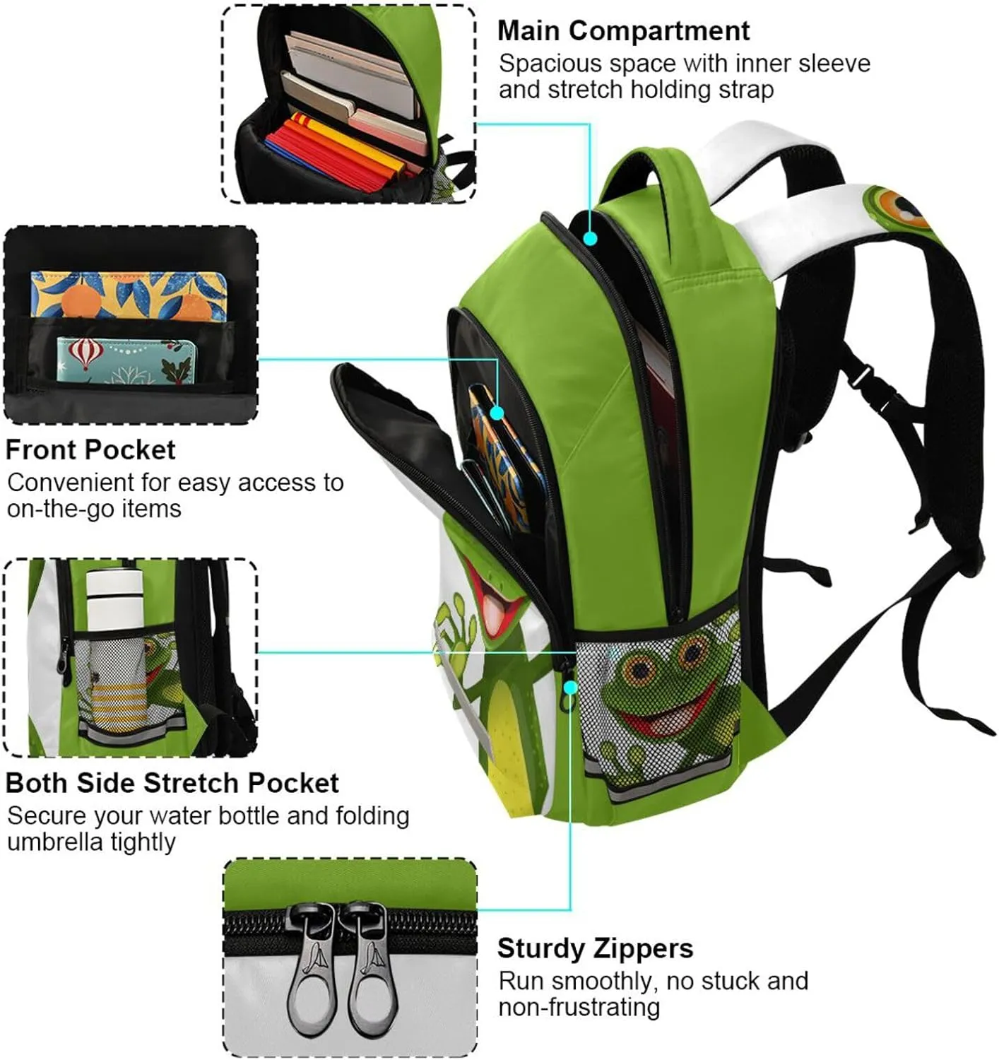 Cute Green Frog Backpack for Boys Girls Elementary School Bag Kids Bookbag Travel Rucksack