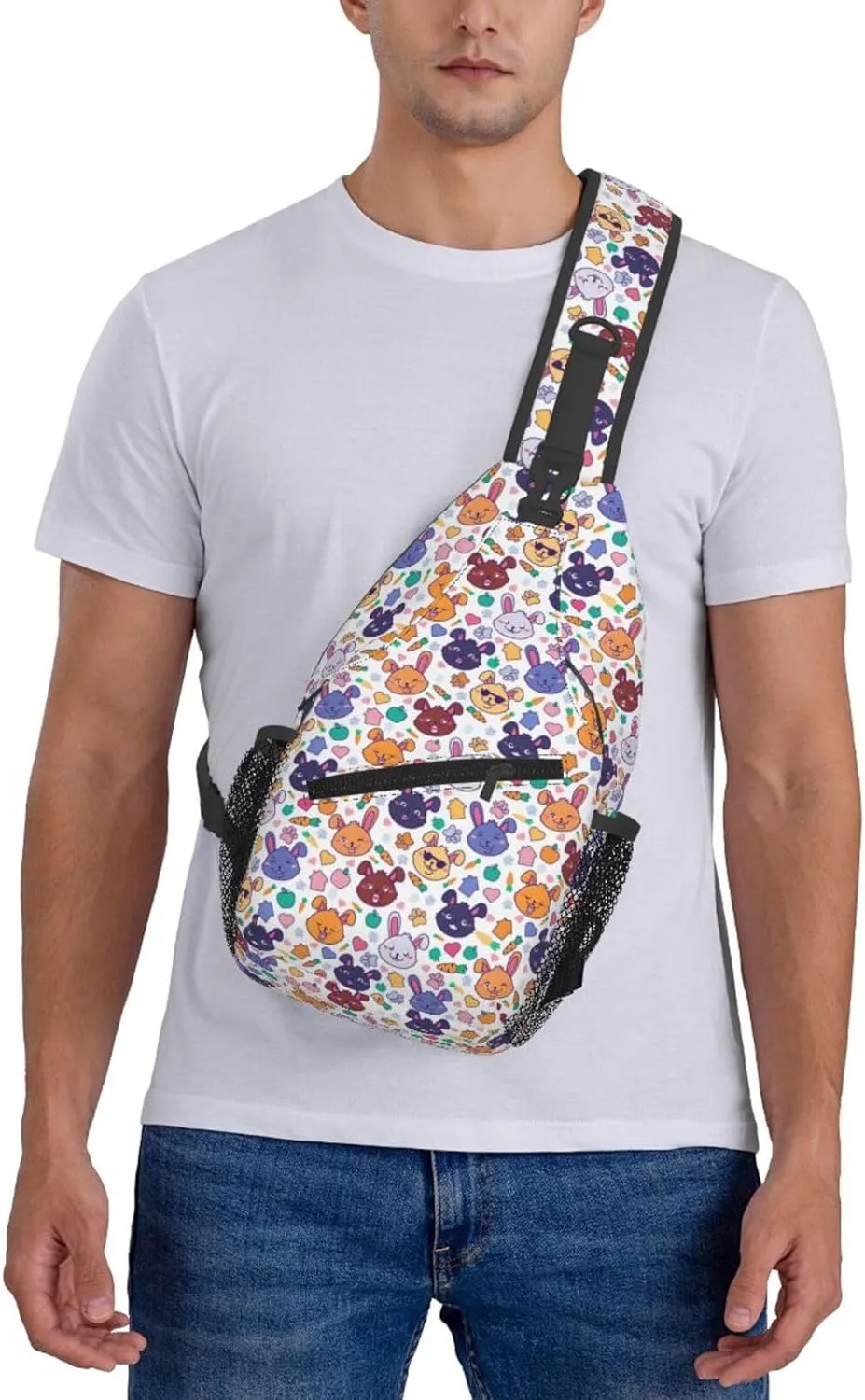 Cute Hares Cool Smile Rabbits Faces Cross Chest Bag Diagonally Hiking Crossbody Bag Travel Shoulder Daypack Lightweight Sling Backpack Cycling Daypacks Fitness Chest Backpacks