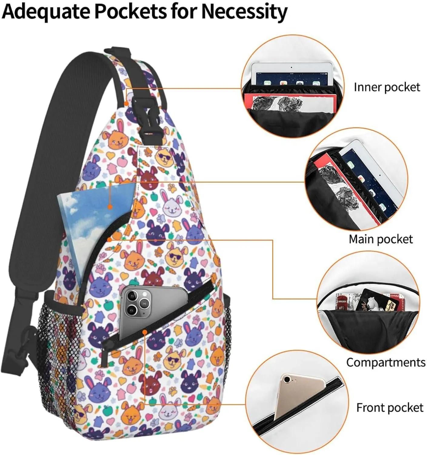 Cute Hares Cool Smile Rabbits Faces Cross Chest Bag Diagonally Hiking Crossbody Bag Travel Shoulder Daypack Lightweight Sling Backpack Cycling Daypacks Fitness Chest Backpacks