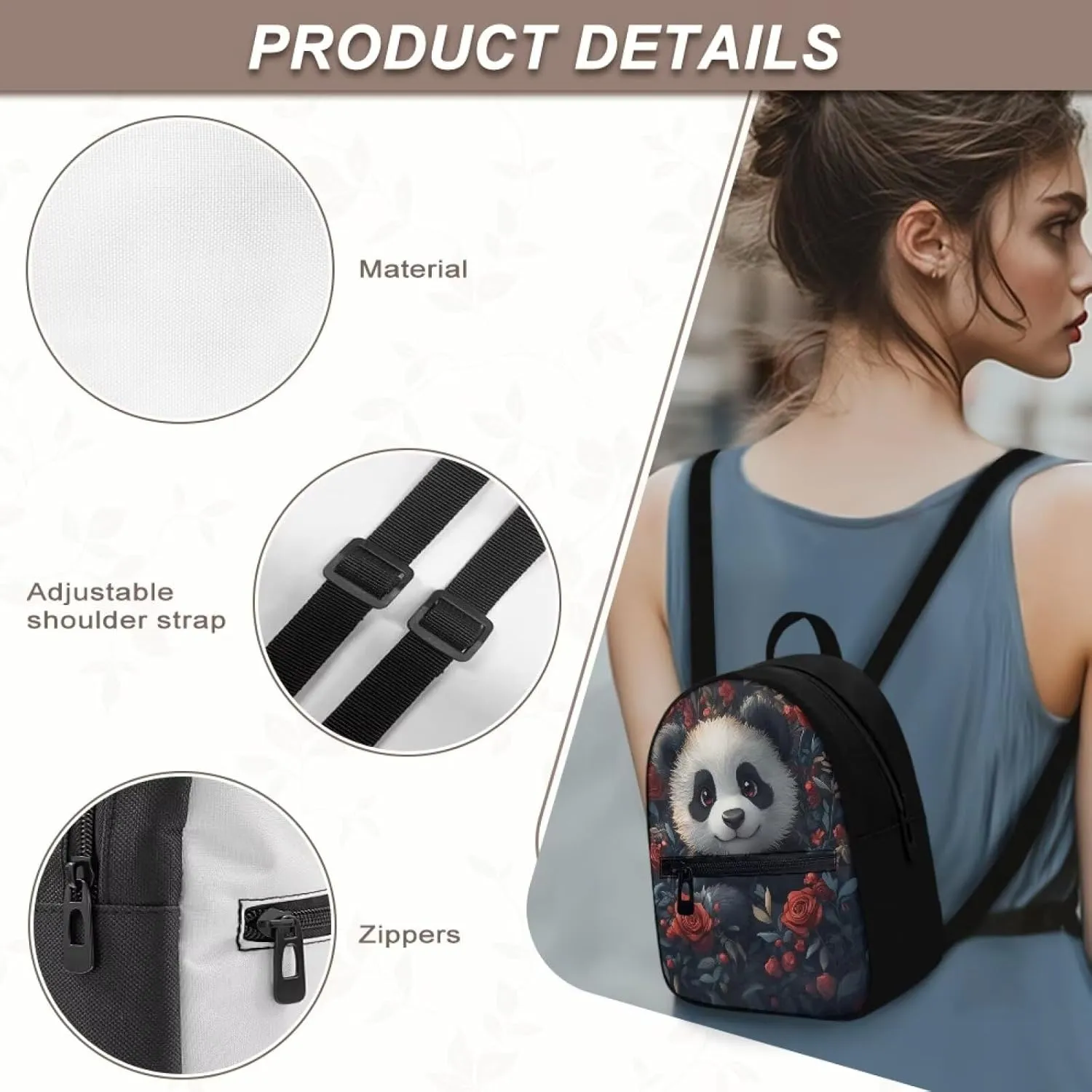 Cute Panda Floral Small Women's Backpack, Stylish Durable Daypack, Non-Waterproof Mini Rucksack with Adjustable Straps, Fits Phone/Wallet