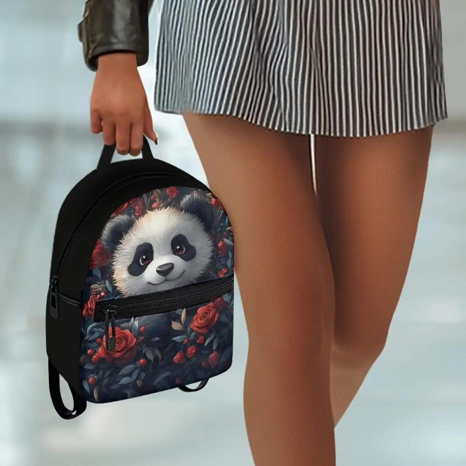 Cute Panda Floral Small Women's Backpack, Stylish Durable Daypack, Non-Waterproof Mini Rucksack with Adjustable Straps, Fits Phone/Wallet