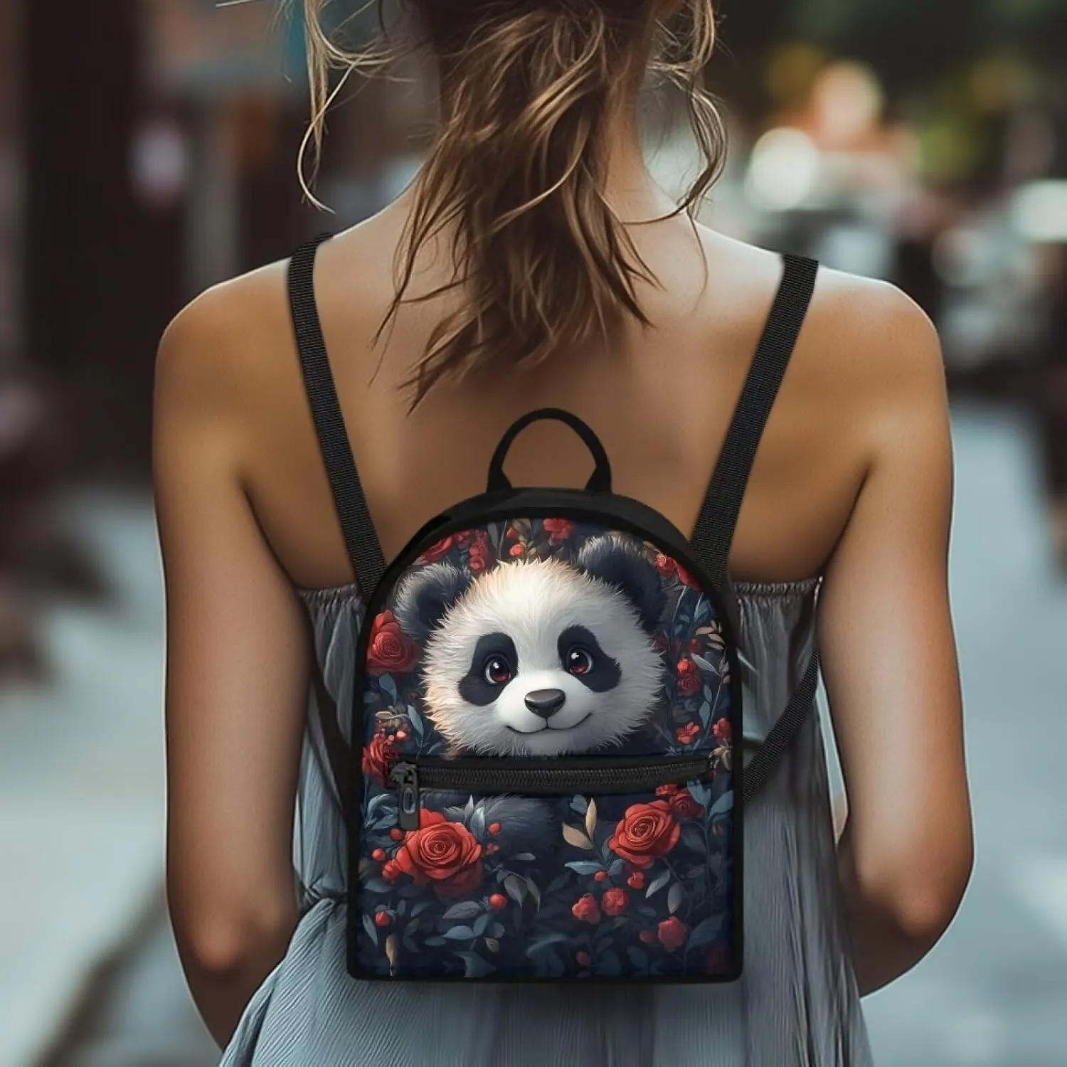 Cute Panda Floral Small Women's Backpack, Stylish Durable Daypack, Non-Waterproof Mini Rucksack with Adjustable Straps, Fits Phone/Wallet