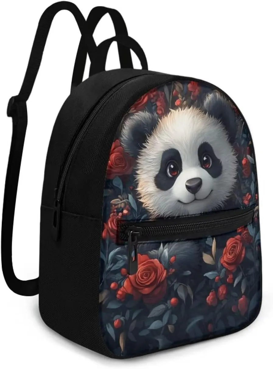 Cute Panda Floral Small Women's Backpack, Stylish Durable Daypack, Non-Waterproof Mini Rucksack with Adjustable Straps, Fits Phone/Wallet