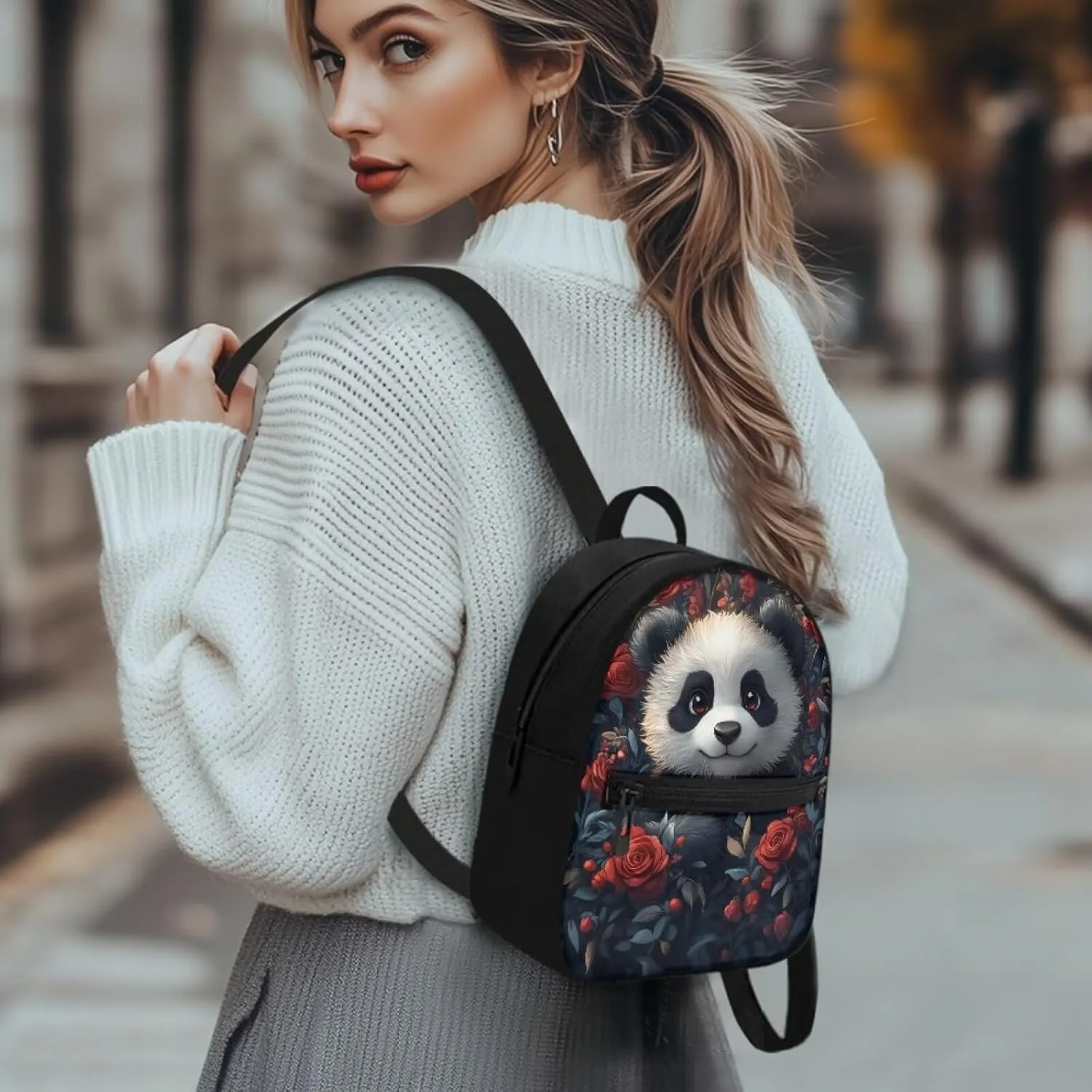 Cute Panda Floral Small Women's Backpack, Stylish Durable Daypack, Non-Waterproof Mini Rucksack with Adjustable Straps, Fits Phone/Wallet