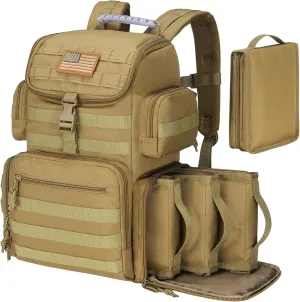 CVLIFE Tactical Range Backpack with Removable Divider, Gun Cases Bag with 4 Pistol Carrying Cases for Handgun and Ammo, Large Military Molle Assault Pack Rucksack for Shooting Hunting, Tan