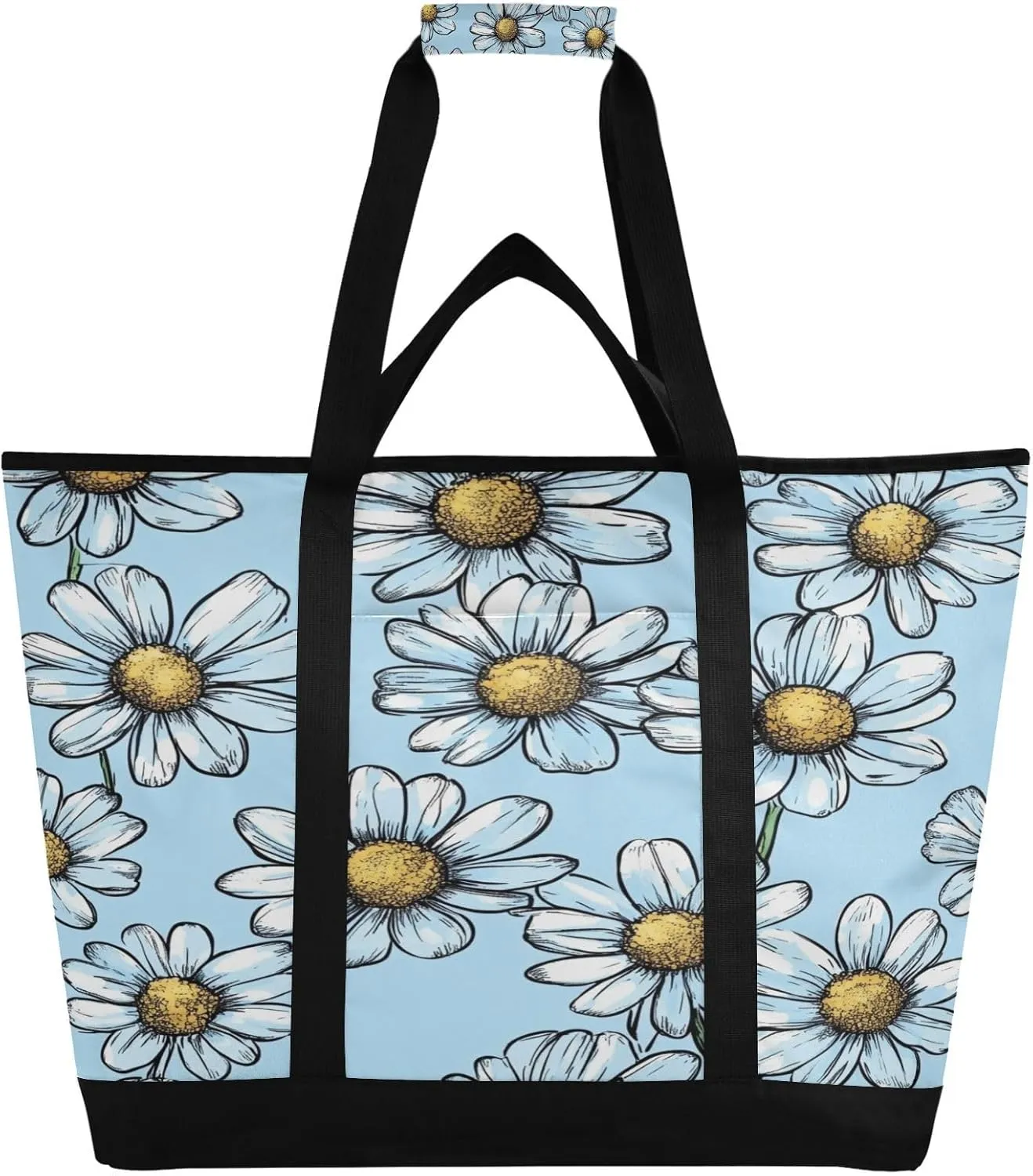 Daisy Flowers Reusable Insulated Lunchbox Cooler Bag, Leakproof Kitchen Grocery Bag Collapsible Portable Cooler Tote Bag for Picnic, Camping, Office, Travel
