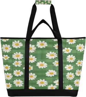 Daisy Plaid Reusable Insulated Lunchbox Cooler Bag, Leakproof Kitchen Grocery Bag Collapsible Portable Cooler Tote Bag for Picnic, Camping, Office, Travel