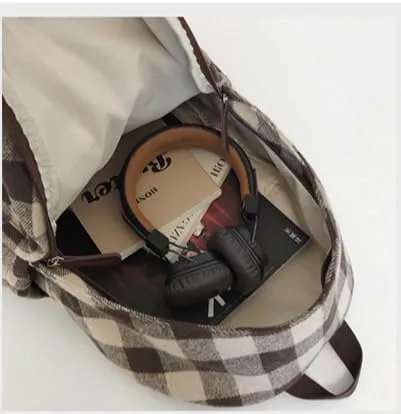 Dark Academia Backpack Women Men - y2k Vintage Checkered Bookbag Plaid Daypack Gothic Rucksack Fleece Shoulder Bag (Brown)