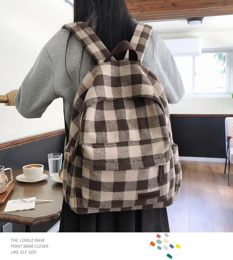Dark Academia Backpack Women Men - y2k Vintage Checkered Bookbag Plaid Daypack Gothic Rucksack Fleece Shoulder Bag (Brown)