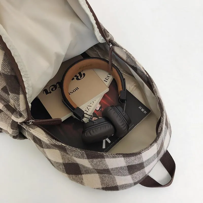 Dark Academia Backpack Women Men - y2k Vintage Checkered Bookbag Plaid Daypack Gothic Rucksack Fleece Shoulder Bag (Brown)