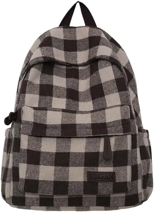 Dark Academia Backpack Women Men - y2k Vintage Checkered Bookbag Plaid Daypack Gothic Rucksack Fleece Shoulder Bag (Brown)