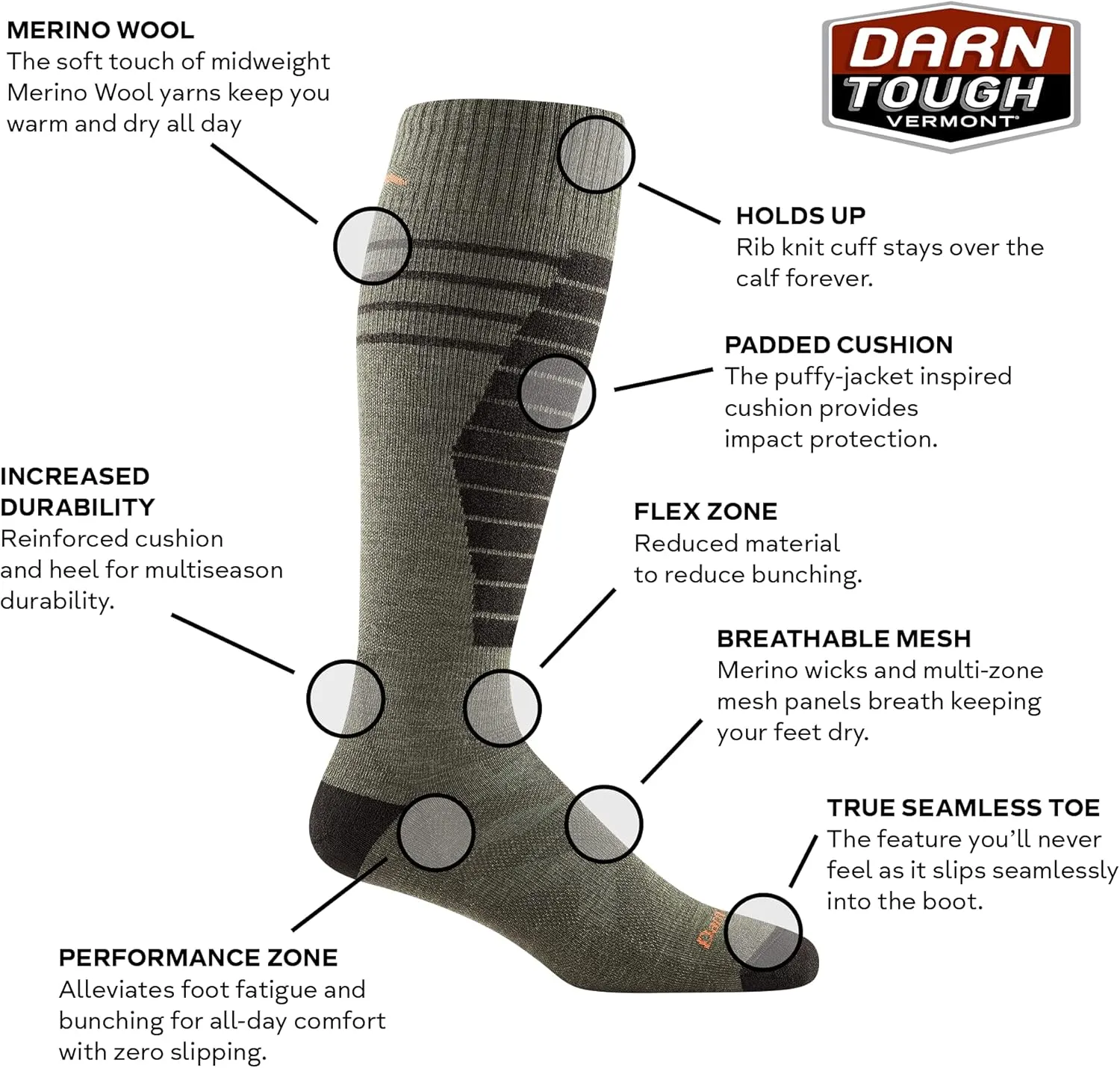DARN TOUGH Men's Edge Over-The-Calf Midweight Ski and Snowboard Sock (Style #8007)